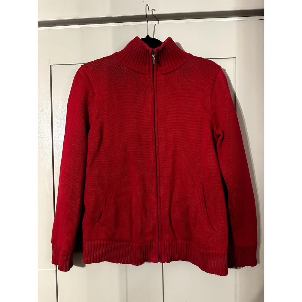 L.L. Bean Red Flannel-Lined Full Zip Heavyweight Knit Sweater